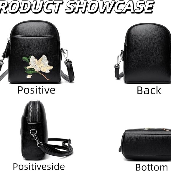 Women Crossbody Bag PU Leather Magnolia Embroidery Cell Phone Purse - Picture 6 of 6